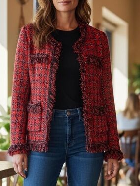 Zara Red and Black Fringe Tweed Open Front Layering Jacket Blazer  Sz S
